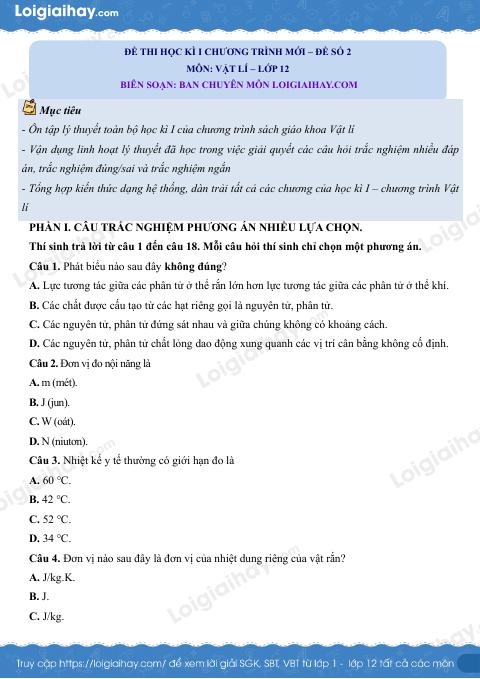 Đề thi học kì 1 Vật lí 12 Kết nối tri thức - Đề số 2